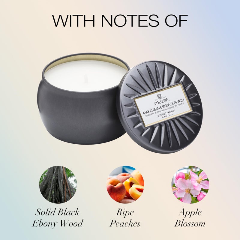 Voluspa Makassar Ebony & Peach, Mini Tin Candle, 4 oz, 25 Hour Burn Time, Coconut Wax for Clean Burning, Handcrafted in The USA - Image 3